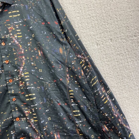 Au Noir Button Up shirt Men Sz 7 Black Colorful City Night Lights Landscape AOP - Picture 4 of 16